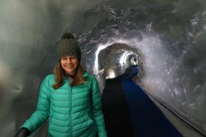 Astrid in the glacier cave tunnel
