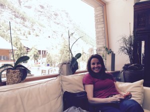 Chilling out in the hotel lobby waiting for our room to be ready.